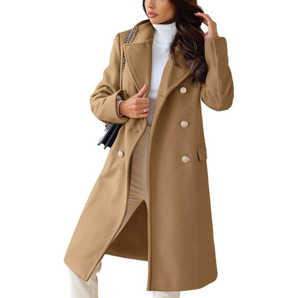 Women's Camel Winter Lapel Double Breasted Office Work Long Wool Overcoat - Picture 1 of 5